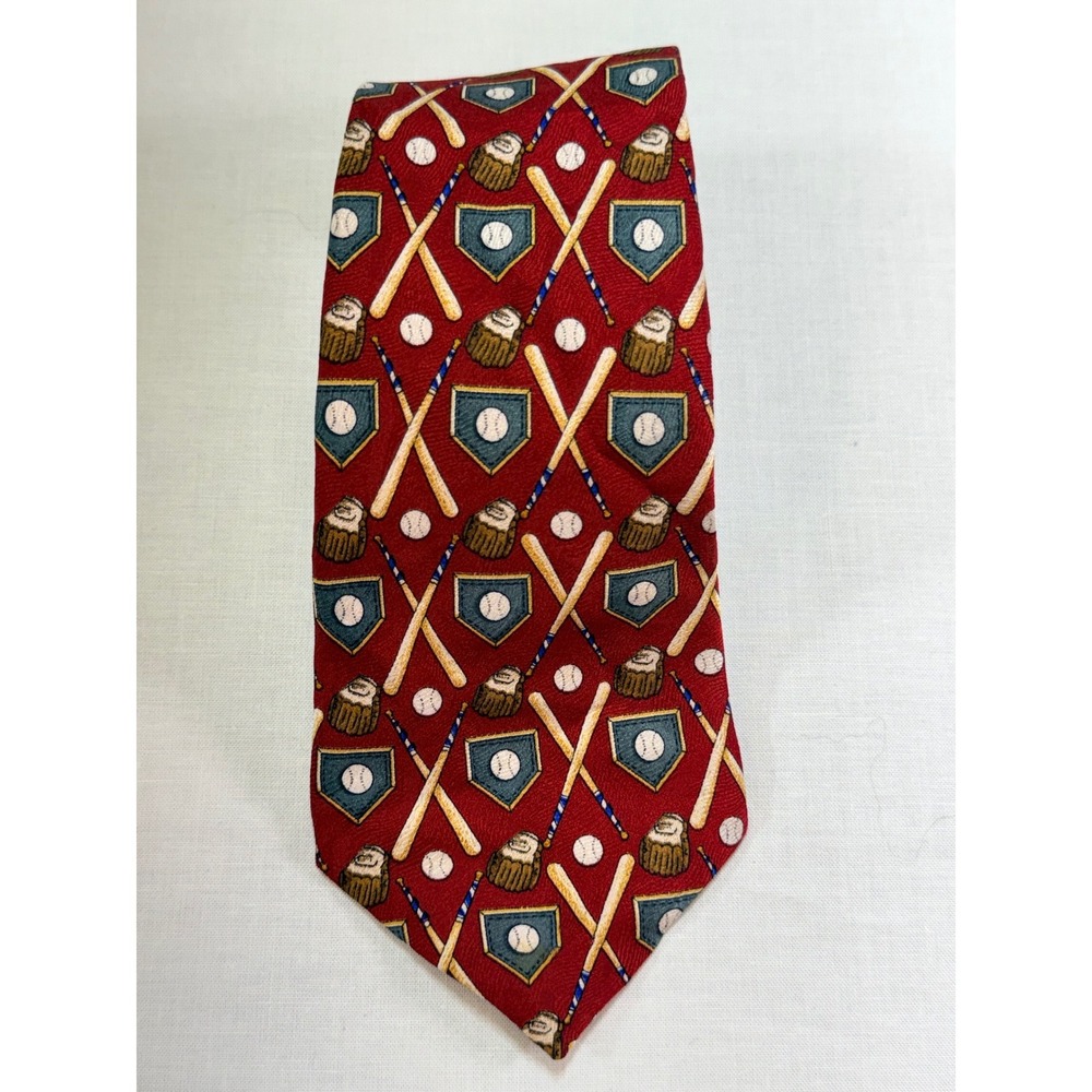 Class‎ Club Mens Silk Baseball Tie Red Novelty Sports Bats Gloves Made in USA